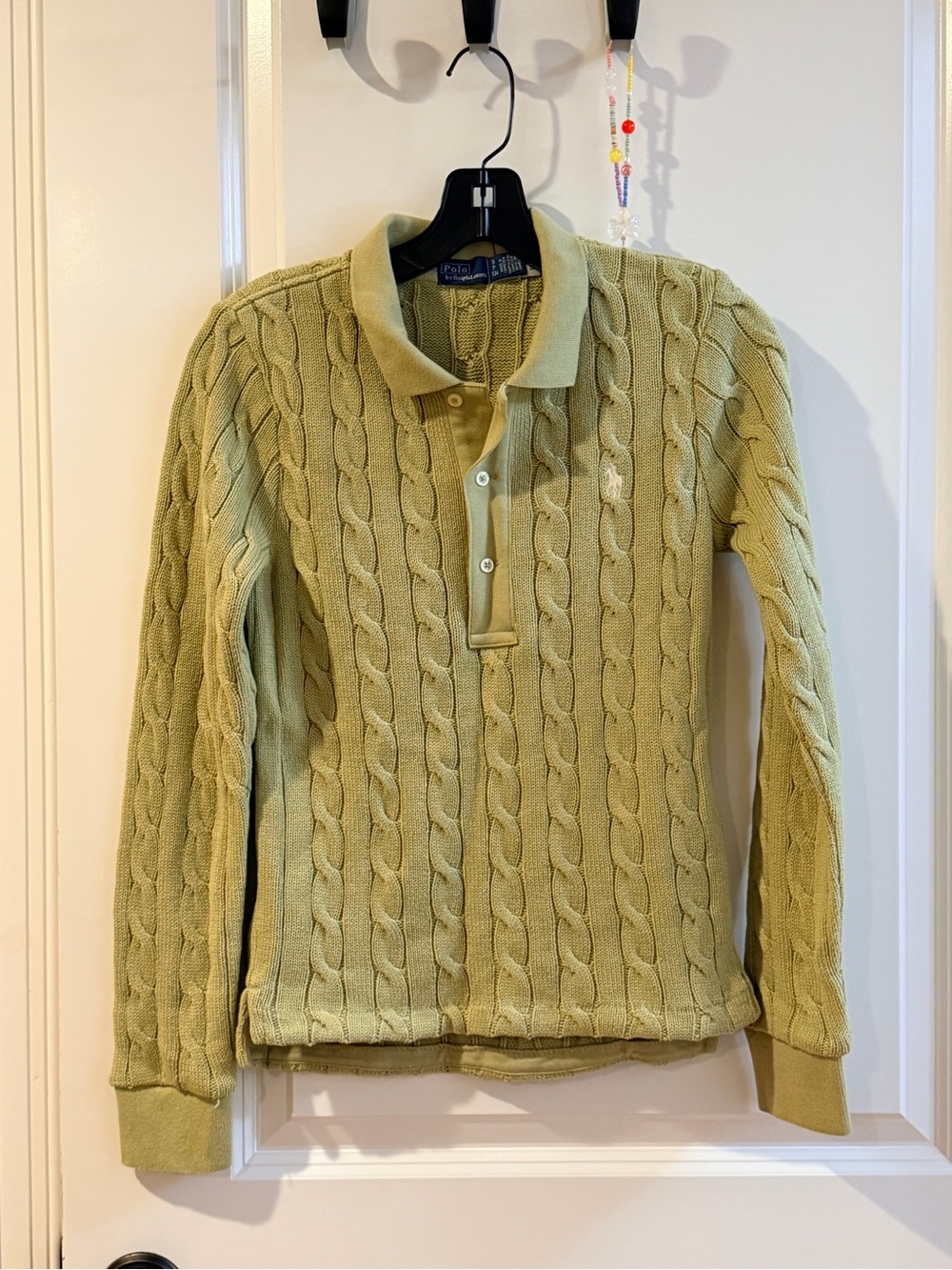 Ralph Lauren Light Green Cable-Knit Polo Sweater